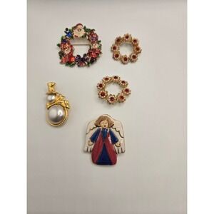 Vintage Christmas Holiday Brooch Pin Lot 5pc Wreath Snowman Angel Rhinestone